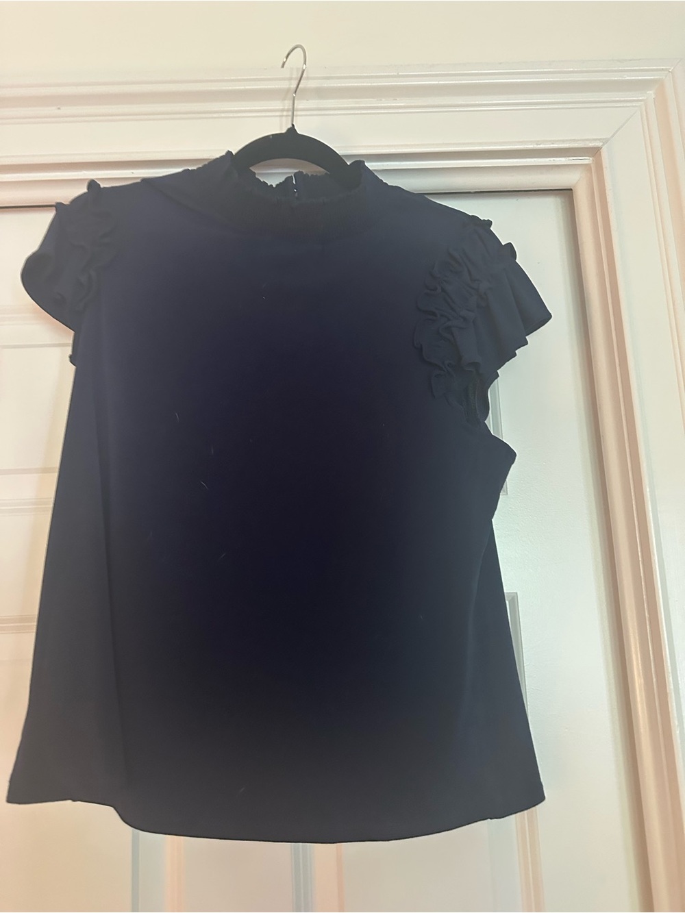 Navy Ruffle Sleeve Mock-Neck Women's Top